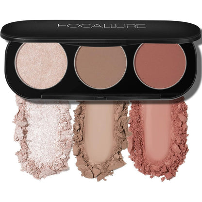 FOCALLURE 3 in 1 face contour palette front view showing blush bronzer and highlighter powders