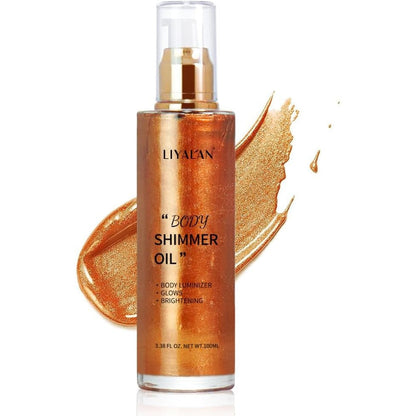 LIYALAN Shimmer Body Oil Bronze Gold front view of the 3.38 fluid ounces bottle