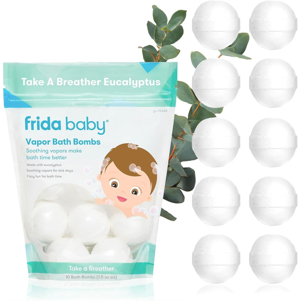 Frida Baby natural vapor bath bombs front view packaging with eucalyptus and lavender design