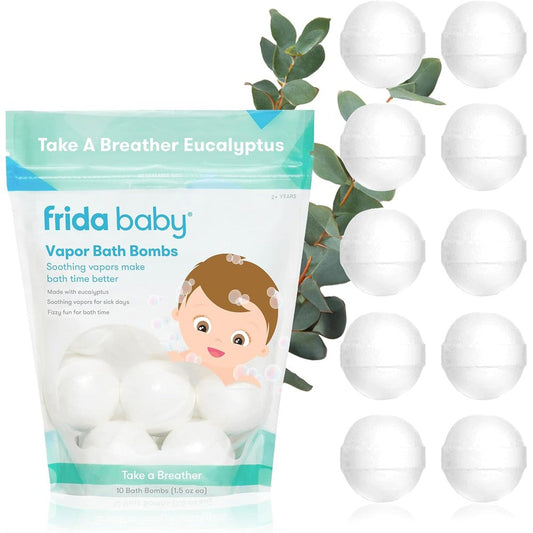 Frida Baby Natural Vapor Bath Bombs 10 Count box front view showing packaging for toddler congestion relief.