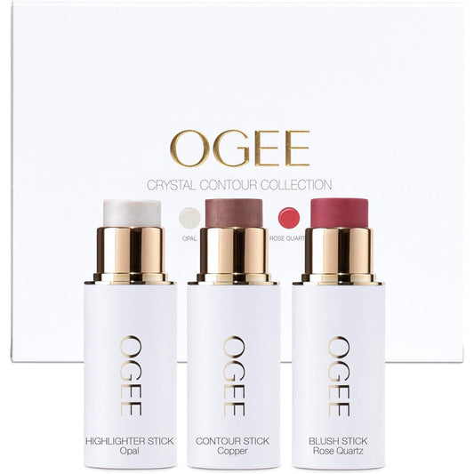 Ogee Face Stick Crystal Collection Trio front view showcasing the packaging and organic contour sticks.