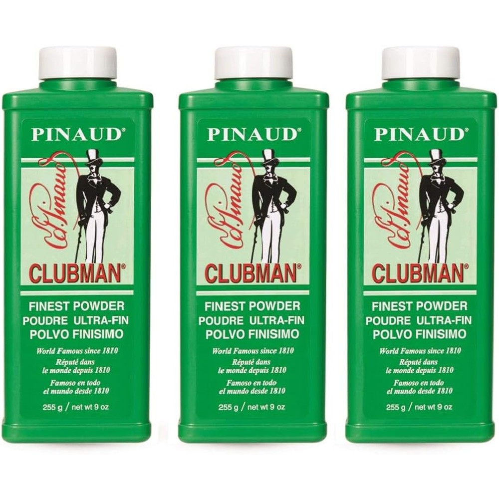Clubman Pinaud Finest Powder front view bottle showcasing classic branding.