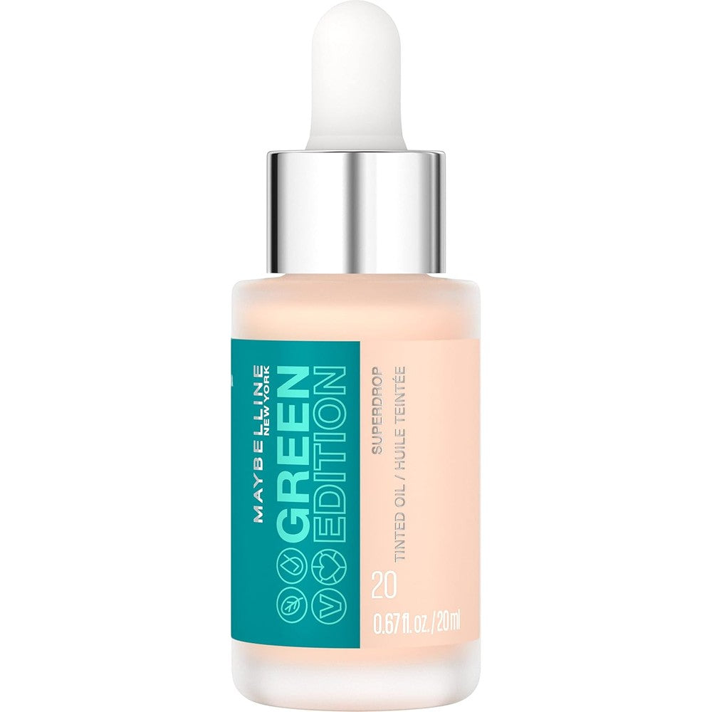 Maybelline New York Green Edition Superdrop Tinted Oil foundation bottle front view for fresh skin tint makeup