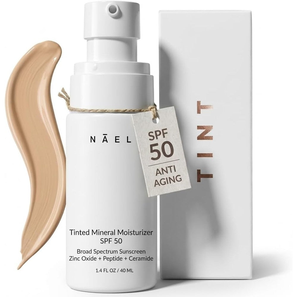 NAELI Anti Aging Tinted Moisturizer SPF 50 front view bottle showing the mineral sunscreen packaging.