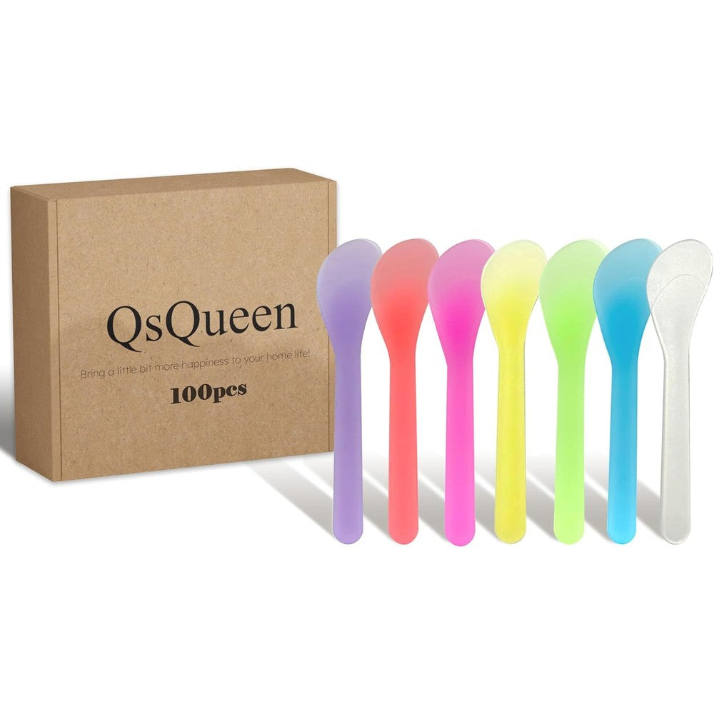 Qsqueen cosmetic spatulas front view showing the 100 piece bulk packaging box.