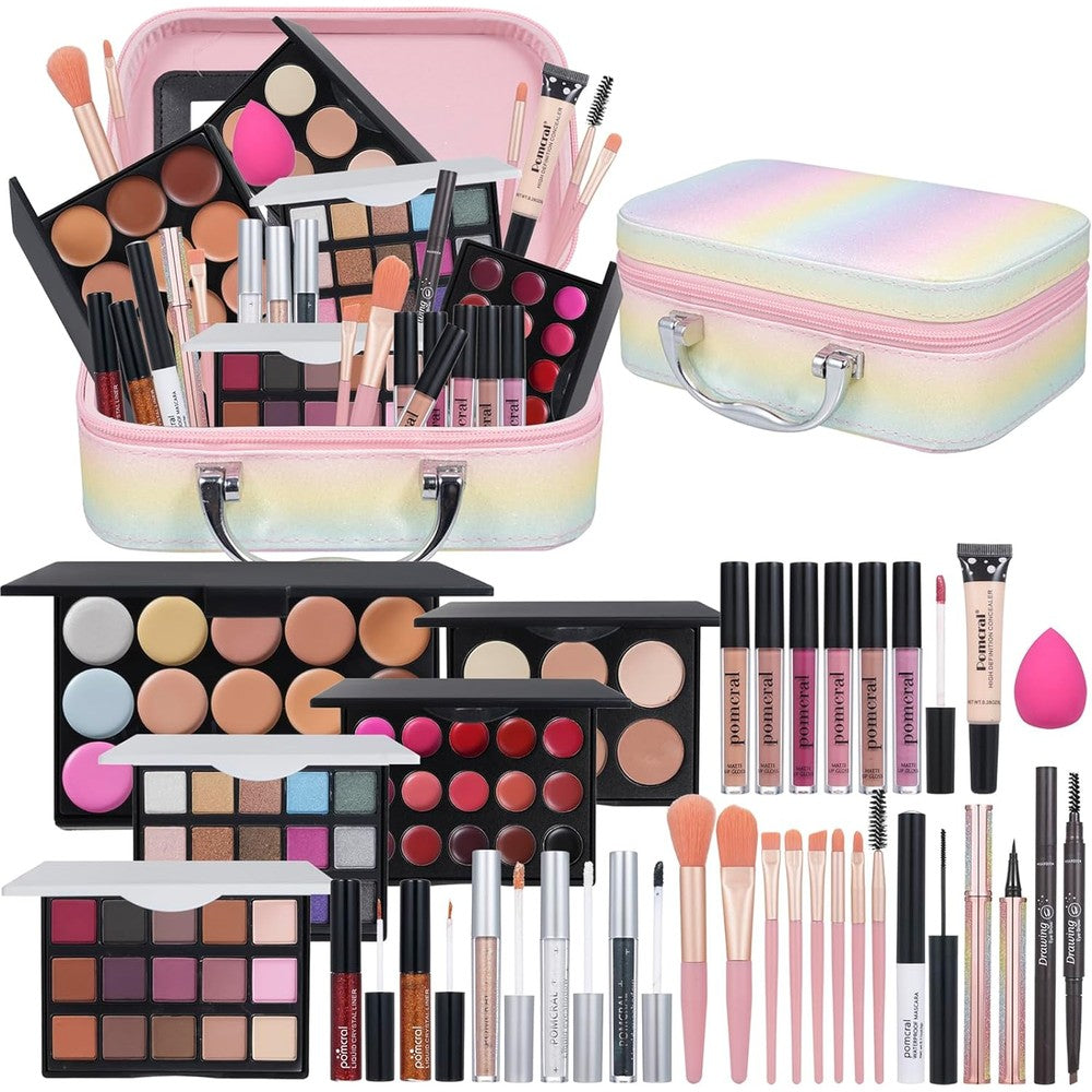 Pomcral All In One Makeup Kit front view showing opened train case filled with eyeshadows and lip glosses