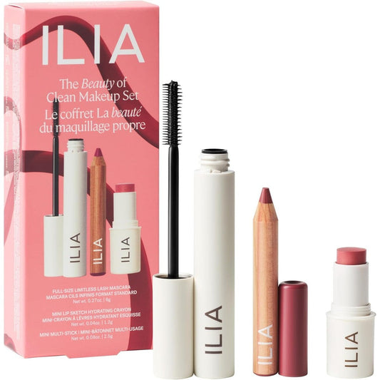 ILIA The Beauty Of Clean Makeup Set front packaging view showing clean beauty cosmetics kit