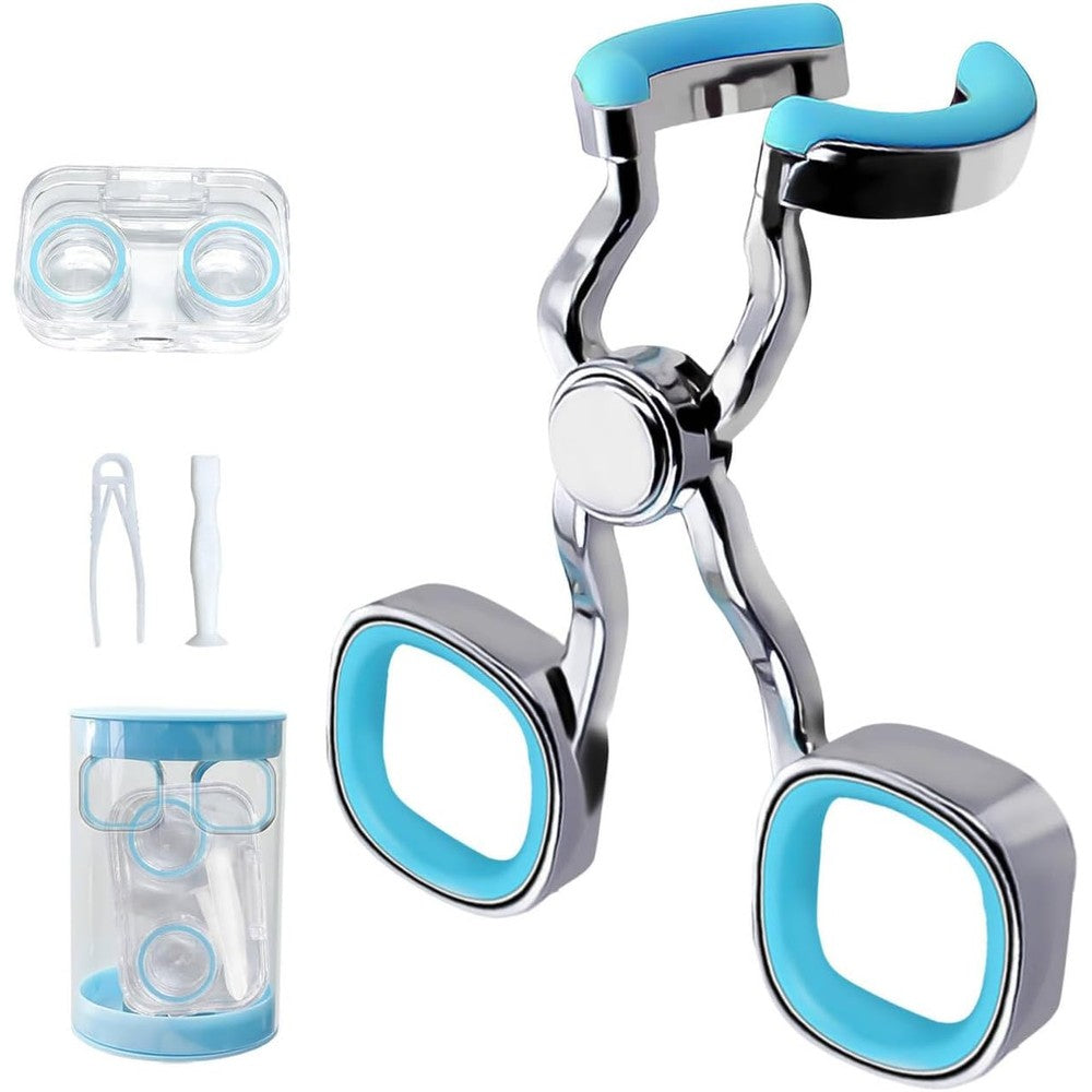 CURECURE contact lens applicator tool front view showing the blue silicone eyelid opener and travel case
