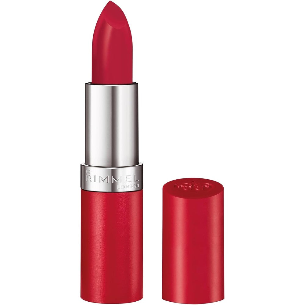 Rimmel London Lasting Finish by Kate Moss Matte Lipstick front view showing shade 111 Kiss of Life premium red color packaging.