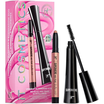 IT Cosmetics Unwrap Glimmering Eyes Mascara and Eyeshadow Set front view showcasing the holiday gift box packaging.