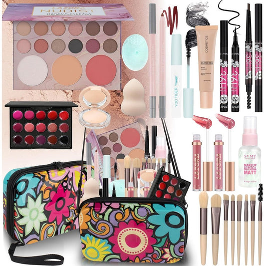 LAZORA All In One Makeup Kit front view showing the multicolored cosmetic bag and open eyeshadow palettes.
