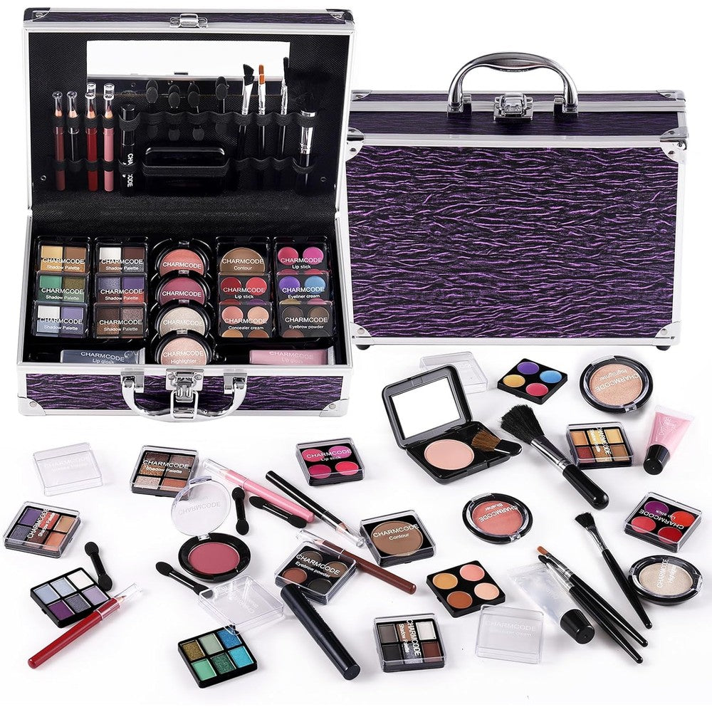 Charmcode makeup kit front view showing the purple aluminum train case closed.