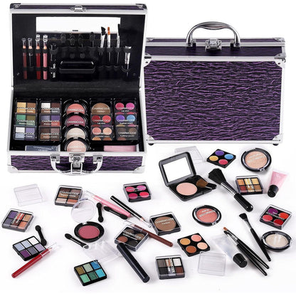 Charmcode makeup kit front view showing the purple aluminum train case closed.