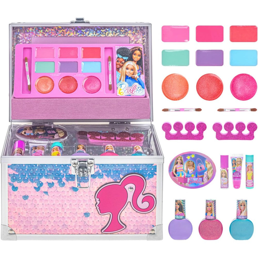 Townley Girl Barbie Train Case Kids Makeup Kit front view showing the silver and pink sequin design.