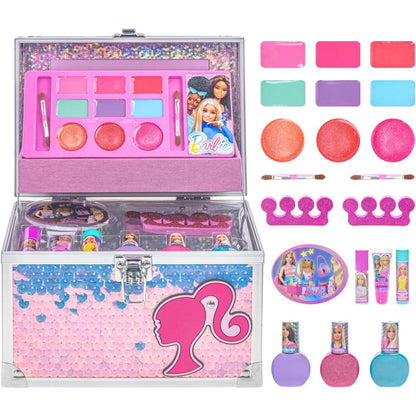 Townley Girl Barbie Train Case Kids Makeup Kit front view showing the silver and pink sequin design.