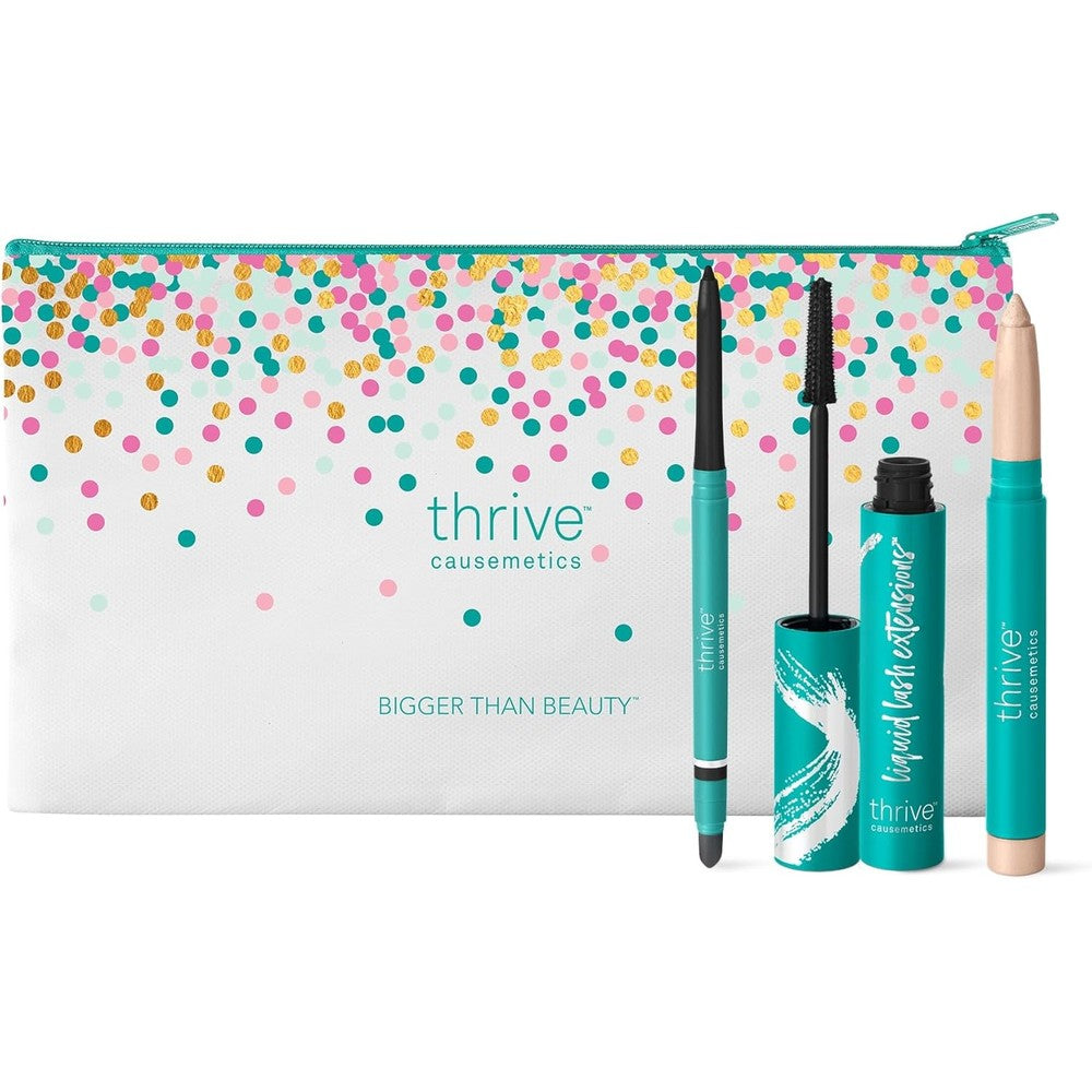 Thrive Causemetics Award Winning Trio Kit front view featuring mascara eye brightener and eyeliner