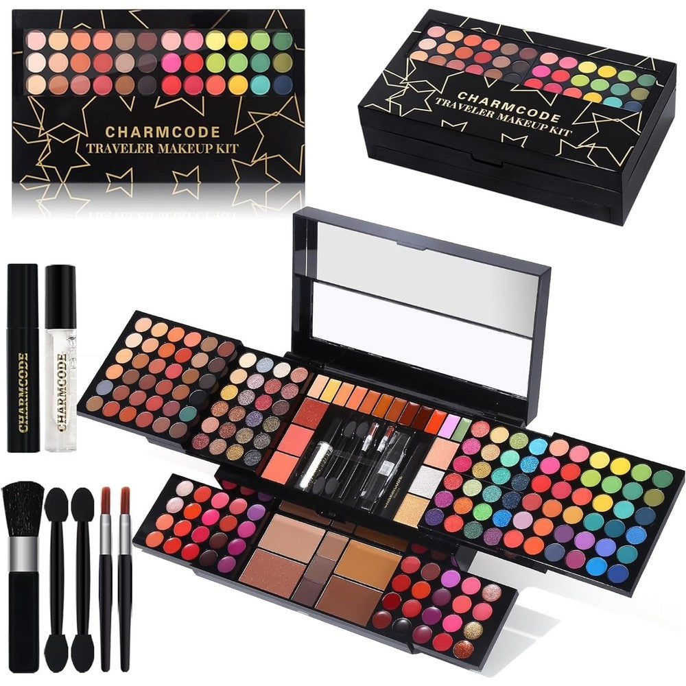 Charmcode professional all in one makeup kit front view of the closed pink travel vanity case