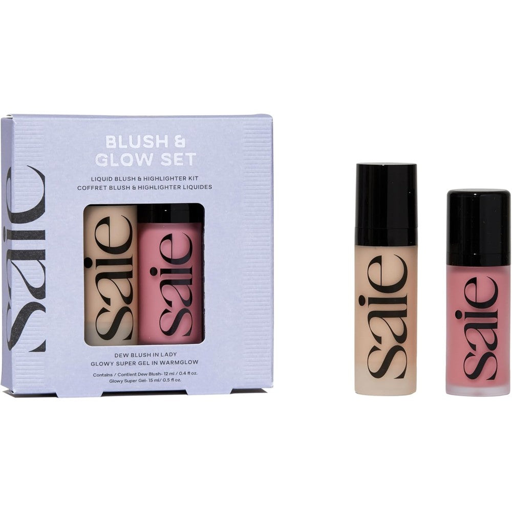 Saie Blush And Glow Gift Set packaging front view showing liquid blush and highlighter primer