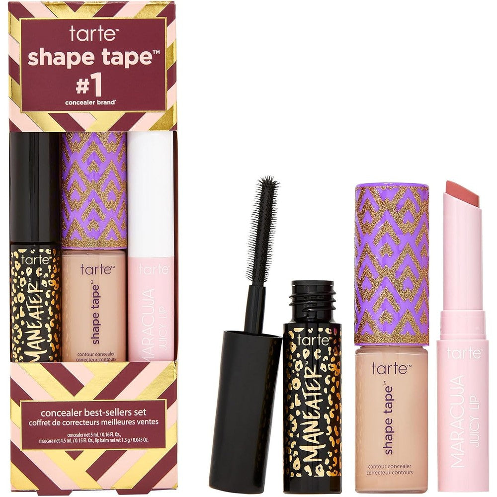 Tarte Shape Tape Best Sellers Set front view displaying the travel size concealer mascara and lip balm box.