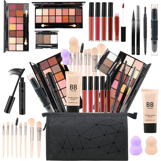 Karuizi All In One Makeup Gift Set front view showcasing the complete vanity kit products arranged outside the black cosmetic bag
