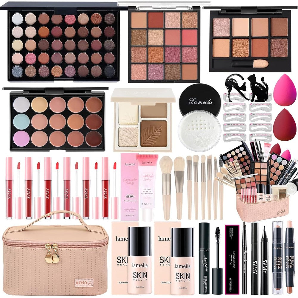 Peenice all in one makeup kit front view displaying open eyeshadow palettes and foundation