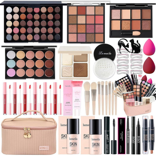 Peenice all in one makeup kit front view displaying open eyeshadow palettes and foundation