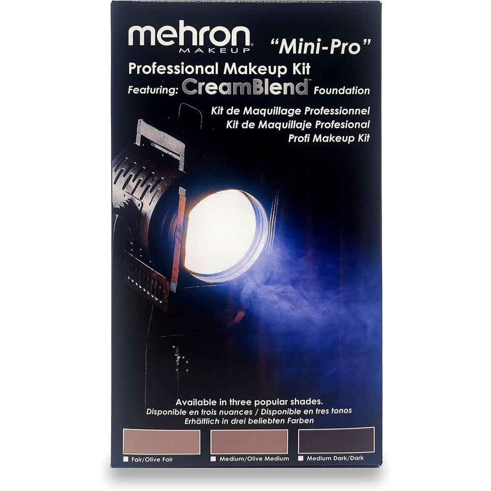 Mehron Makeup Mini Pro Student Educational Kit front view showing the fair olive palette and stage makeup accessories.