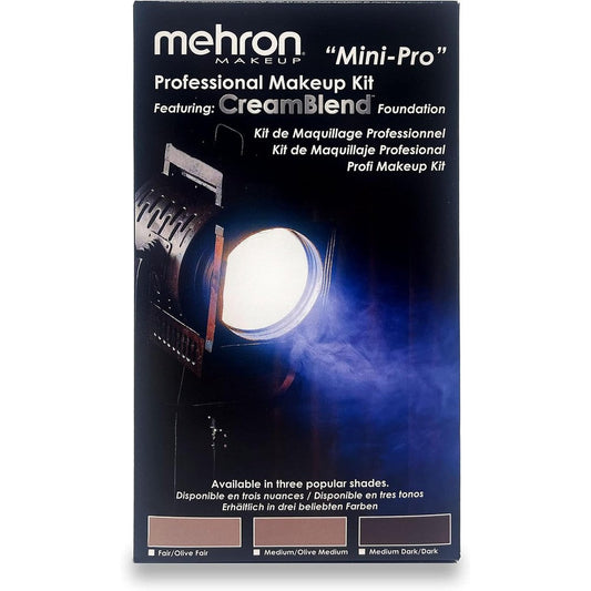 Mehron Makeup Mini Pro Student Educational Kit front view showing the fair olive palette and stage makeup accessories.
