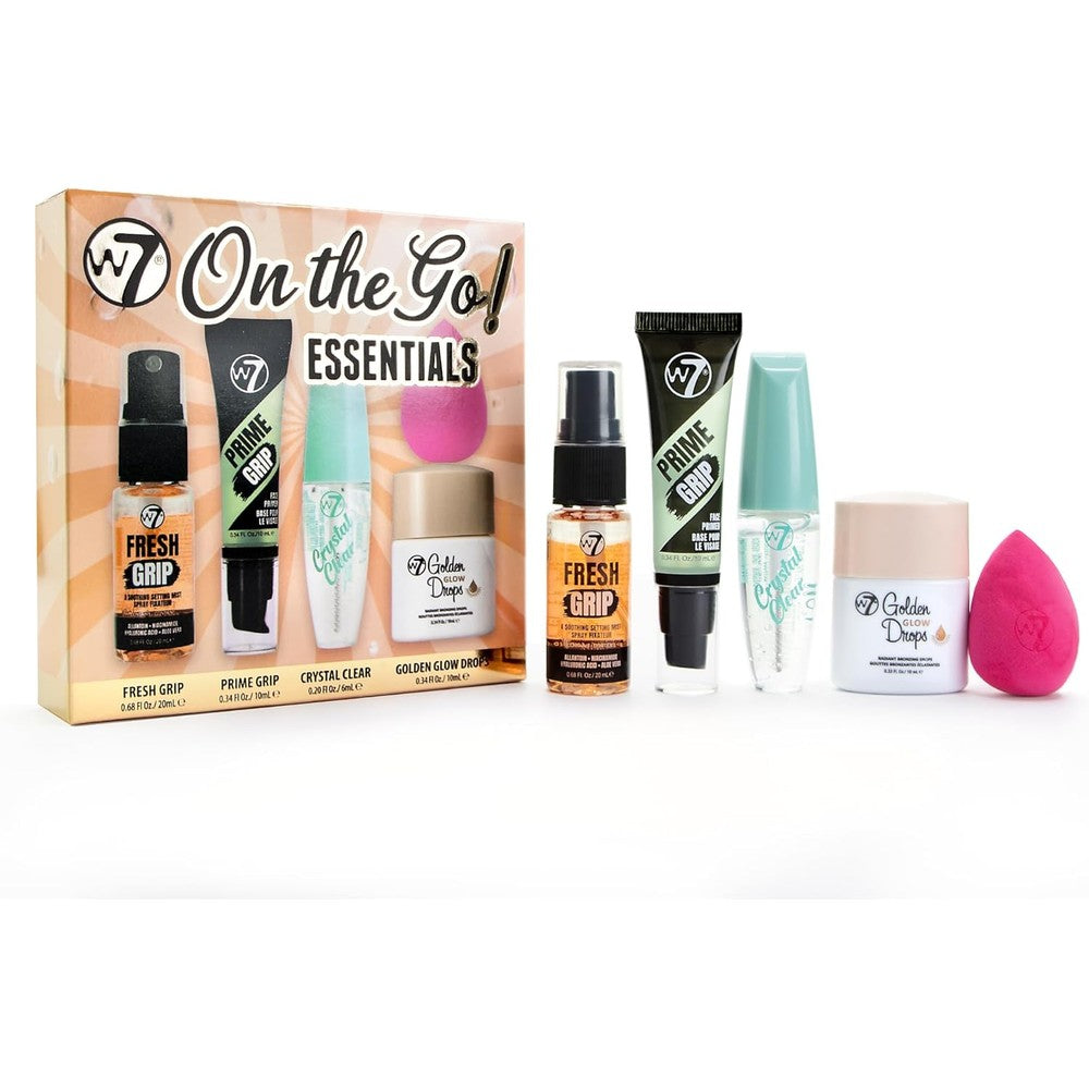 W7 On the Go Essentials Gift Set front view of travel makeup kit packaging