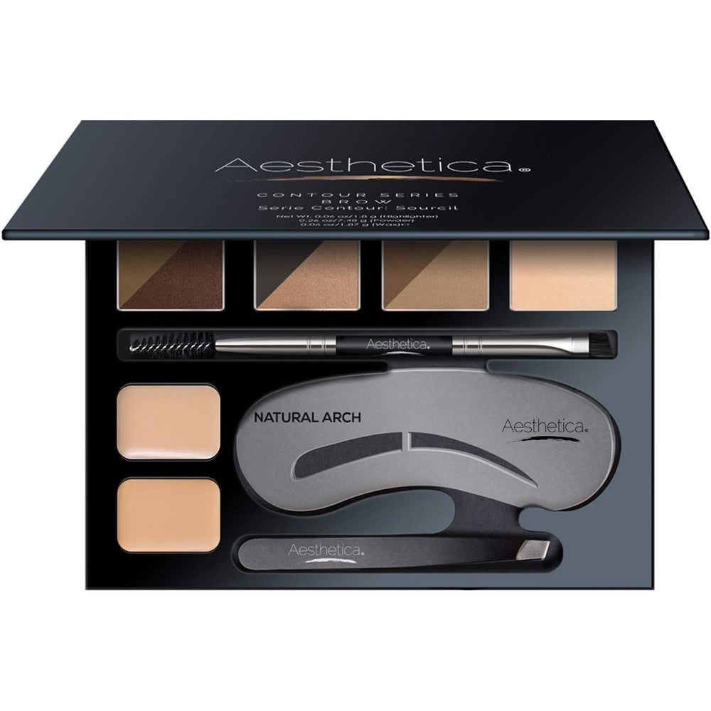 Aesthetica Brow Contour Kit open palette front view displaying eyebrow powders and stencils.