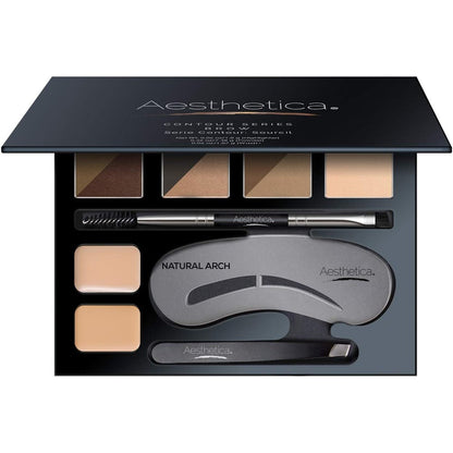 Aesthetica Brow Contour Kit open palette front view displaying eyebrow powders and stencils.