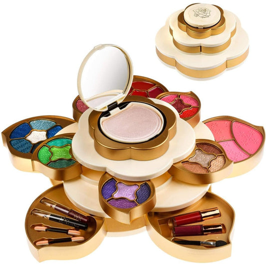 CoralBeau All In One Makeup Kit front view of cream and gold flower shaped packaging