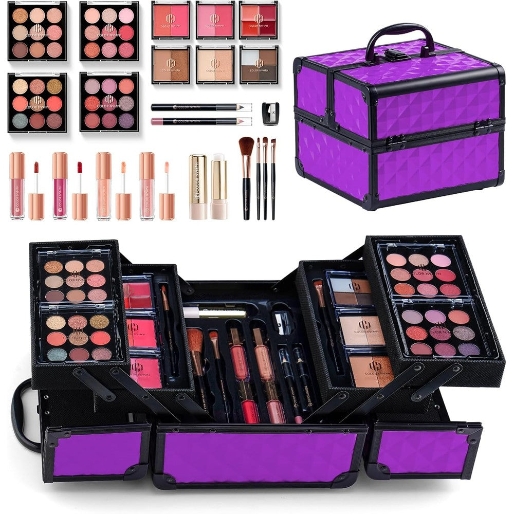 Color Nymph All In One Makeup Kit front view showing the closed purple aluminum train case.