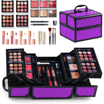 Color Nymph All In One Makeup Kit front view showing the closed purple aluminum train case.