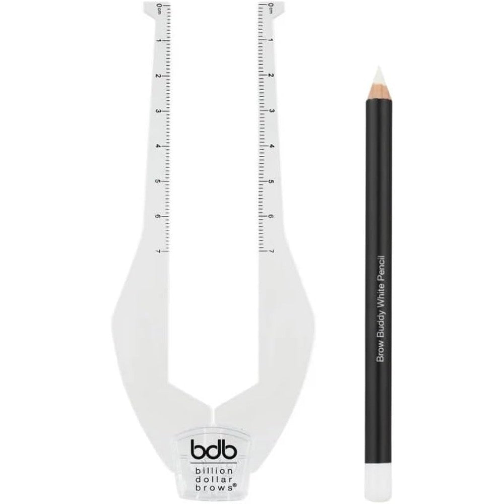 Billion Dollar Brows 2-Piece Brow Buddy Contour Stencil Kit front view showing the patented eyebrow shaping tool and white pencil