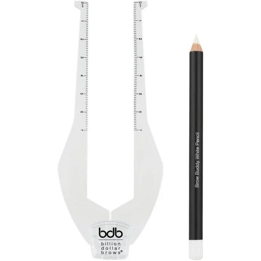 Billion Dollar Brows 2-Piece Brow Buddy Contour Stencil Kit front view showing the patented eyebrow shaping tool and white pencil