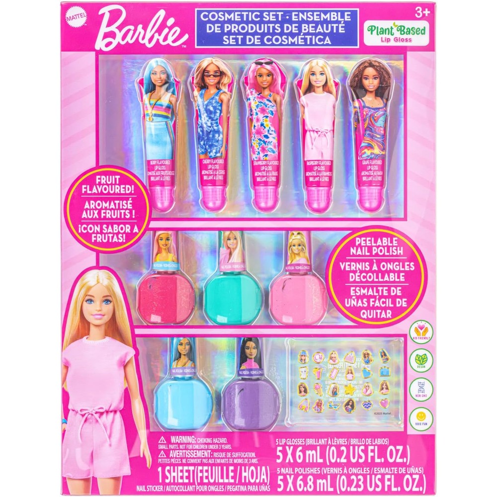 Townley Girl Barbie Cosmetic Makeup Set front view showcasing the entire eleven piece collection for girls