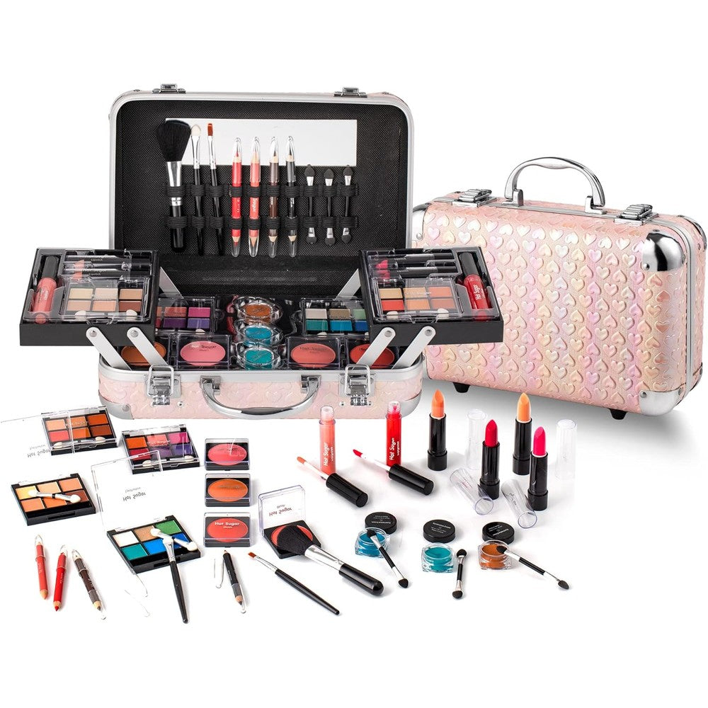 Hot Sugar All In One Makeup Set front view showcasing the closed pink heart aluminum storage case.