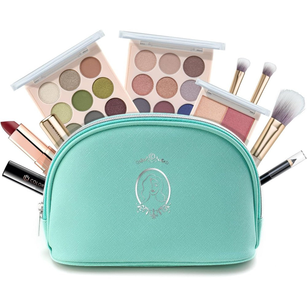 Color Nymph All In One Makeup Kit front view showing open mint green cosmetic travel bag with cosmetics