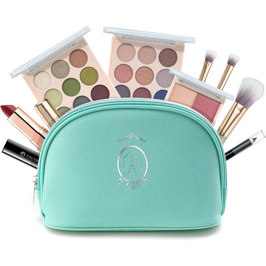 Color Nymph All In One Makeup Kit front view showing open mint green cosmetic travel bag with cosmetics