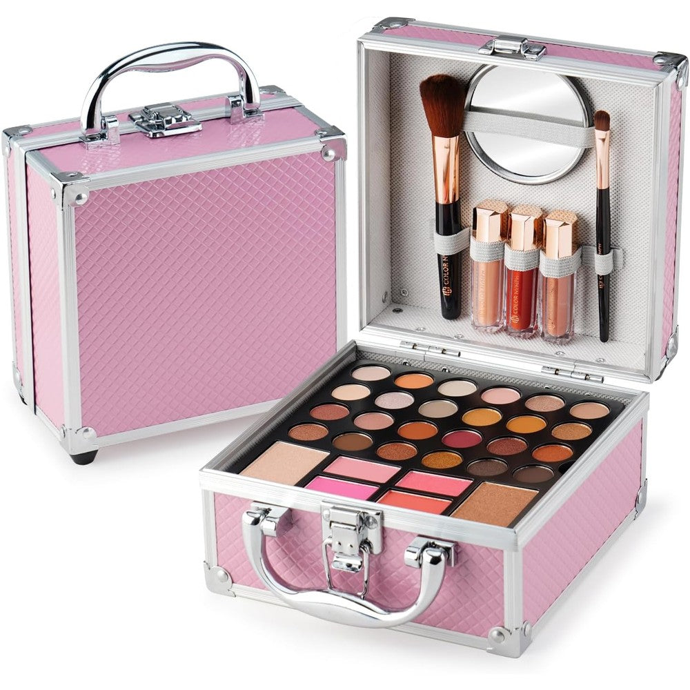 Color Nymph Beginner Makeup Kit front view showing pink diamond textured cosmetic train case closed