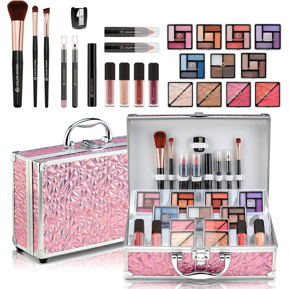 Color Nymph Starter Makeup Kit front view showing pink traincase with mirror
