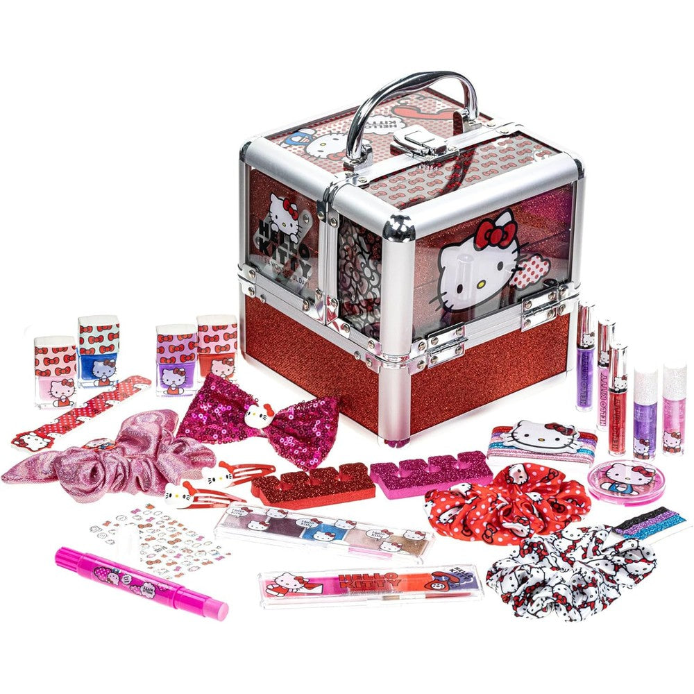 Townley Girl Hello Kitty Train Case Cosmetic Makeup Set front view showcasing the character themed carrying handle.