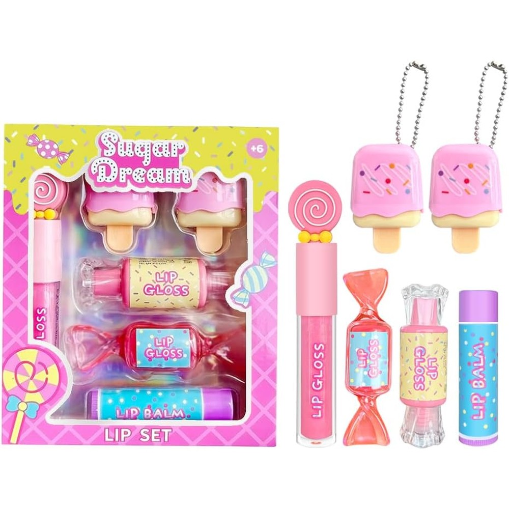 M&U MAKE YOU UP 6 Piece Candy Sweet Lip Gloss Set front view showing playful ice cream and lollipop shaped containers.