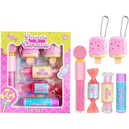 M&U MAKE YOU UP 6 Piece Candy Sweet Lip Gloss Set front view showing playful ice cream and lollipop shaped containers.