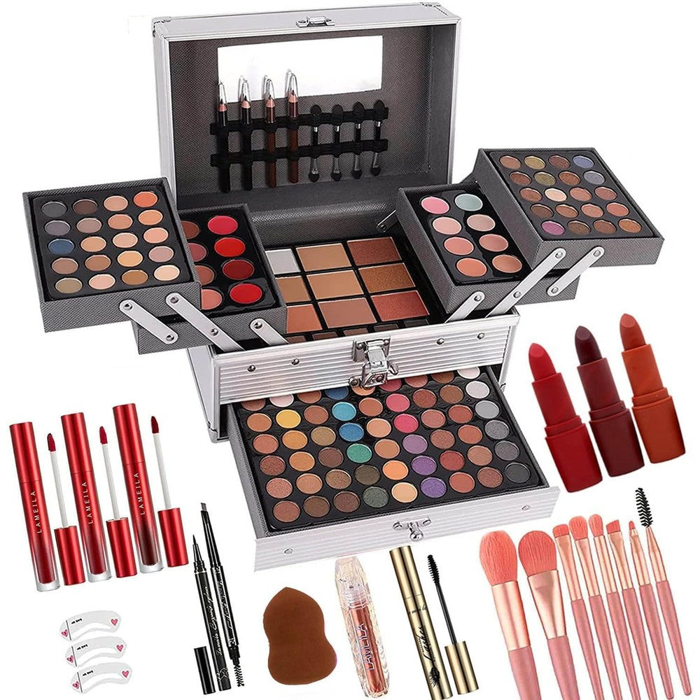 UNIFULL 132 Color All In One Makeup Kit front view showing the open silver aluminum case with eyeshadows and mirror
