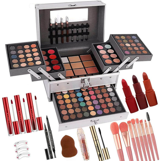 UNIFULL 132 Color All In One Makeup Kit front view showing the open silver aluminum case with eyeshadows and mirror