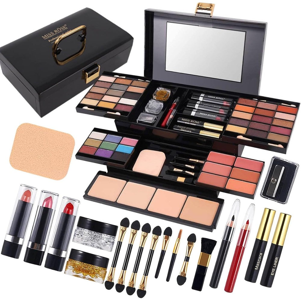 Miss Rose 58 Color Professional Makeup Palette front view of open multi-tier case.