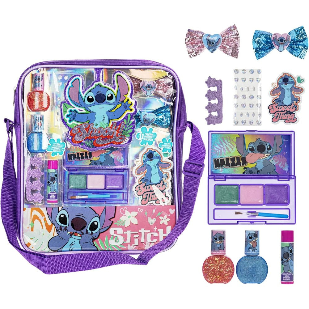 Townley Girl Disney Stitch Makeup Filled Shoulder Bag front view kids cosmetic set