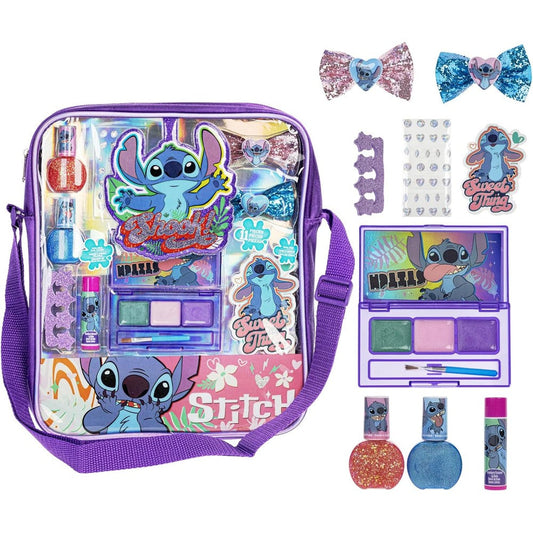 Townley Girl Disney Stitch Makeup Filled Shoulder Bag front view kids cosmetic set